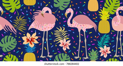 Bright tropical print. Seamless vector pattern with pink flamingos and golden pineapples. Trendy textile design for shirts, dresses, bags and carpets. Hawaiian collection. On dark blue background.
