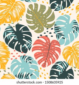 Bright tropical seamless background with large leaves. Summer vector design, colorful print. Illustration in Hawaiian style. Exotic background, Seamless vector texture.