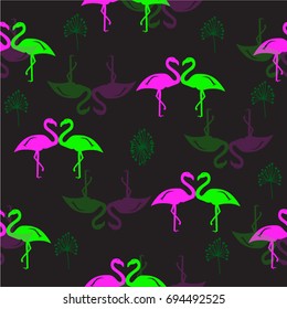 Bright tropical seamless pattern of a couple of enamored, dancing flamingos on a dark background,exotic tropical bright birds, Hawaii. exotic birds seamless pattern, Freehand drawing vector design.

