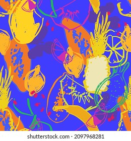 Luminoso patrón tropical sin costuras con frutos exóticos y fondo azul para tejidos, textiles, papel de envoltura. Gráfico vectorial