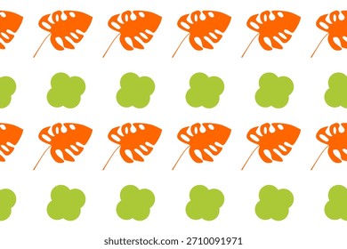 Patrón tropical brillante sin fisuras con hojas de monstera naranja y Formas florales abstractas verdes, perfecto para fondos de verano, estampados de tela, Fondos de pantalla y proyectos de diseño decorativo.
