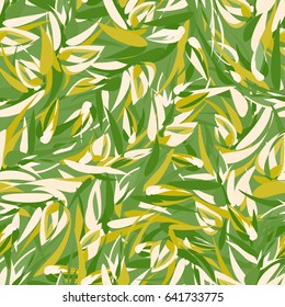 Bright tropical seamless pattern with floral sprigs. Intricate texture of green leaves. Various green, beige and lime color tints.