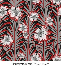 Bright tropical seamless pattern with flowers and palm leaves. Background for printing on paper and material.