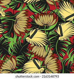 Bright tropical seamless pattern with flowers and palm leaves. Background for printing on paper and material.