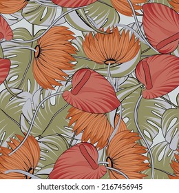 Bright tropical seamless pattern with flowers and palm leaves. Background for printing on paper and material.