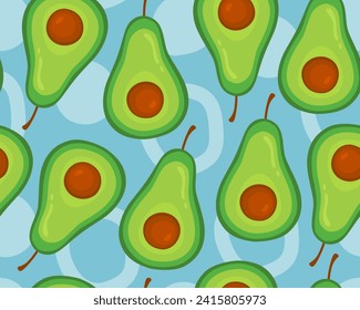 Bright tropical seamless pattern. Green avocados on a blue background.