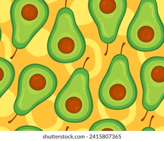 Bright tropical seamless pattern. Green avocados on a orange background.