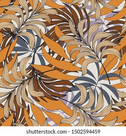 Bright tropical seamless pattern with Hawaiian plants and leaves on a light background. Botanical style. Beautiful exotic plants. Original background and ornament. Exotic wallpaper. Tropical botanical