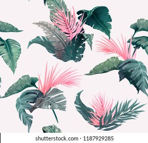 Bright tropical seamless pattern with jungle plants. Exotic background with palm leaves. Vector illustration