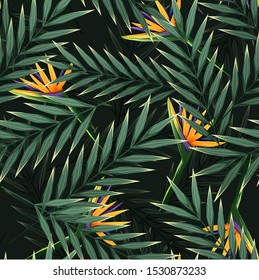 Bright tropical seamless pattern with jungle plants. Exotic background with tropical leaves. Vector