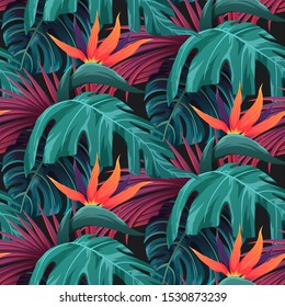 Bright tropical seamless pattern with jungle plants. Exotic background with tropical leaves. Vector