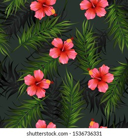 Bright tropical seamless pattern with jungle plants. Exotic background with tropical leaves. Vector