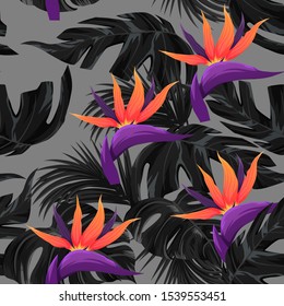 Bright tropical seamless pattern with jungle plants. Exotic background with tropical leaves. Vector
