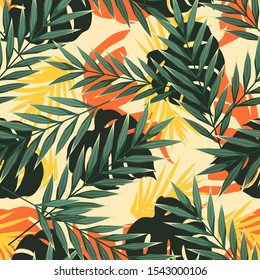 Bright tropical seamless pattern with jungle plants. Exotic background with tropical leaves. Vector