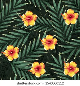 Bright tropical seamless pattern with jungle plants. Exotic background with tropical leaves. Vector