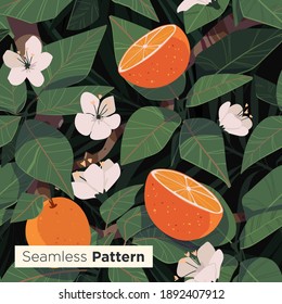 Bright tropical seamless pattern with jungle plants. Exotic background with palm leaves. Vector