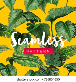 Bright tropical seamless pattern with jungle plants. Exotic background with palm leaves. Vector illustration