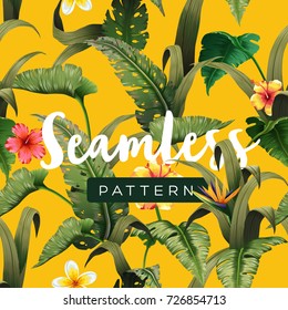 Bright tropical seamless pattern with jungle plants. Exotic background with palm leaves. Vector illustration