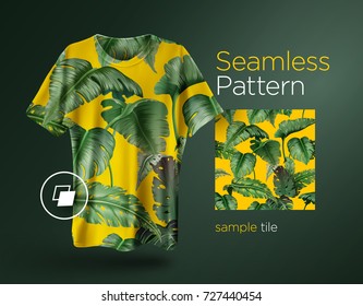 Bright tropical seamless pattern with jungle plants. Exotic background with palm leaves. Vector illustration