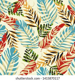 Bright tropical seamless pattern with leaves and plants on pastel background. Vector design. Jungle print. Textiles and printing. Floral background.