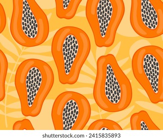 Bright tropical seamless pattern. Bright orange papaya on a yellow background. Papaya and palm leaves. Exotic fruits.