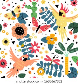 Bright tropical seamless pattern with parrots, butterflies and flowers on a white background. Ornament for textile and wrapping. Vector illustration.