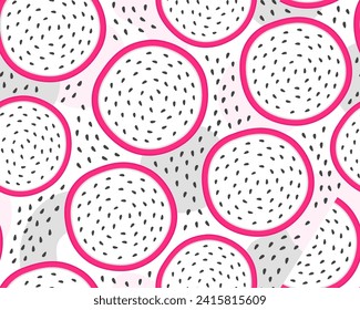 Bright tropical seamless pattern. Slices of dragon fruit on a white background. Pitahaya.