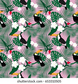 Bright tropical seamless pattern with toucan and tropical leaves. Jungle texture. Perfect for wallpapers, pattern fills, web page backgrounds, surface textures, textile. Vector Illustration.
