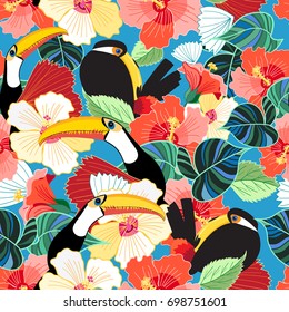 Bright tropical seamless pattern of toucans among flowers on the sky