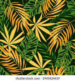 Luminoso patrón tropical sin costuras con plantas tropicales de moda y hojas en un fondo oscuro. Patrón hawaiano colorido de verano sin costuras con plantas tropicales. Hojas tropicales en colores brillantes.
