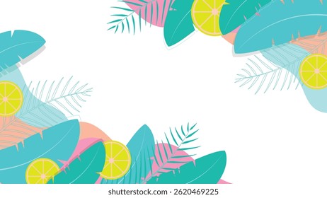 Bright tropical summer background featuring citrus slices and palm leaves in a vibrant abstract layout perfect for seasonal themes and creative designs