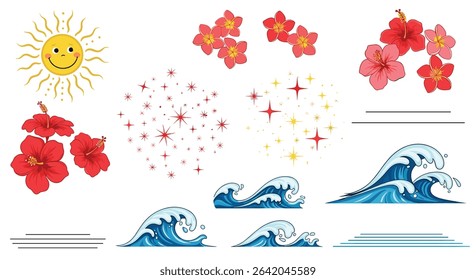 A Bright Tropical Summer Day at the Beach Hibiscus Flowers and Ocean Waves