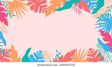 Bright tropical summer plants frame background with colorful leaves, ideal for banners, posters, and seasonal promotions. Aesthetic and vibrant design for creative projects.