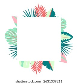 Bright tropical summer square frame for invitations, flyers or digital scrapbooking. Vector illustration