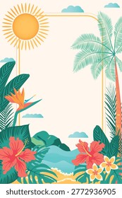 Bright tropical summer vector frame with palm trees, exotic leaves, hibiscus flowers and bird of paradise (strelitzia) on a sunny beach background. Clean copy space in the center, perfect for invitations, social media, posters, banners, and seasonal design. Vibrant beach color palette with sun, ocean waves and tropical plants