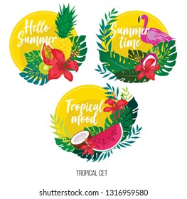 
bright tropical tags with fruit and flamingos