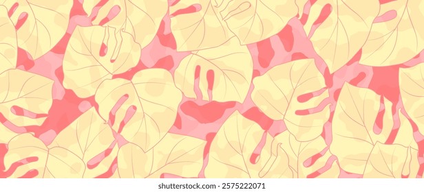Bright tropical vector background. Yellow monstera leaves with texture and shadows. Pink tropical background for print, decor, fabric.