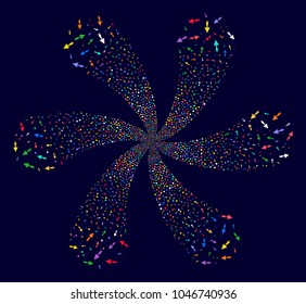Bright Trowel cycle flower shape on a dark background. Vector abstraction. Impressive twirl created from randomized trowel objects.