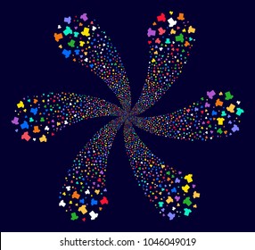 Bright T-Shirt spiral flower with six petals on a dark background. Hypnotic vector flower composed from random t-shirt objects.