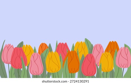 Ilustración de borde de tulipán brillante en colores pastel suaves. Sentimiento de primavera. Estilo plano limpio. Para fondos de temporada, tarjetas de felicitación, carteles, Anuncios, papelería y marca floral.