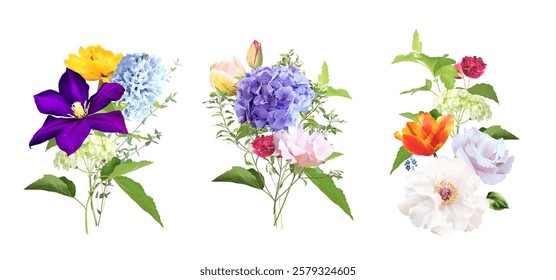 Bright tulip flowers, roses, pink peony, hydrangea, greenery and branches Easter vector bouquets. Floral bold colored watercolor. Blooming garden. Easter florals. Elements are isolated and editable