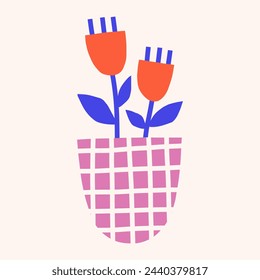 Bright tulip flowers in vase vector clipart. Trendy paper cut floral illustration. Flat botanical elements