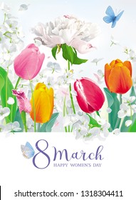 Bright Tulip flowers and white Apple blossom flying petals in amazing garden. Floral vector greeting card with lettering design for 8 March and Valentine's Day, Mother's Day, seasonal  sales, weddings