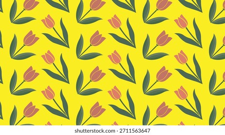 Padrão de tulipa brilhante com fundo amarelo — perfeito para designs com tema de mola e decoração de casa.