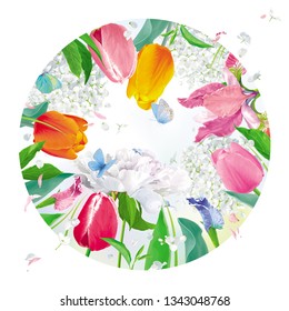 Bright Tulips, Peonies, Irises, Hydrangeas. Floral vector round plate in watercolor style for Women's Day 8 March, Valentine's Day,  Mother's Day, seasonal sales, cards, banners, posters, weddings