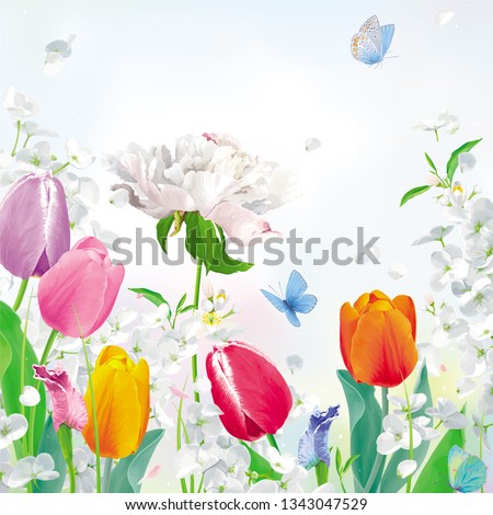 Bright Tulips, Peonies, Irises, Hydrangeas. Ffloral vector background in watercolor style for Women's Day 8 March, Valentine's Day,  Mother's Day, seasonal sales, cards, banners, posters, weddings Stock photo © 