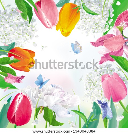 Bright Tulips, Peonies, Irises, Hydrangeas. Ffloral vector background in watercolor style for Women's Day 8 March, Valentine's Day,  Mother's Day, seasonal sales, cards, banners, posters, weddings Stock photo © 