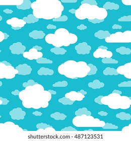 Bright turquoise blue sky and white clouds seamless pattern. Decoration repeat cloud background. Vector illustration