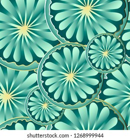 Bright turquoise color vector seamless pattern hand drawn gradient abstract flowers in golden outline . Background for textile, wallpaper, wrapping, cover page, web site, card, carton, print, banner.