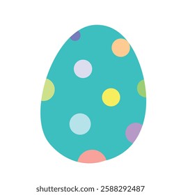 A bright turquoise Easter egg decorated with multicolored polka dots. Perfect for holiday crafts, greeting cards, and festive digital designs.	